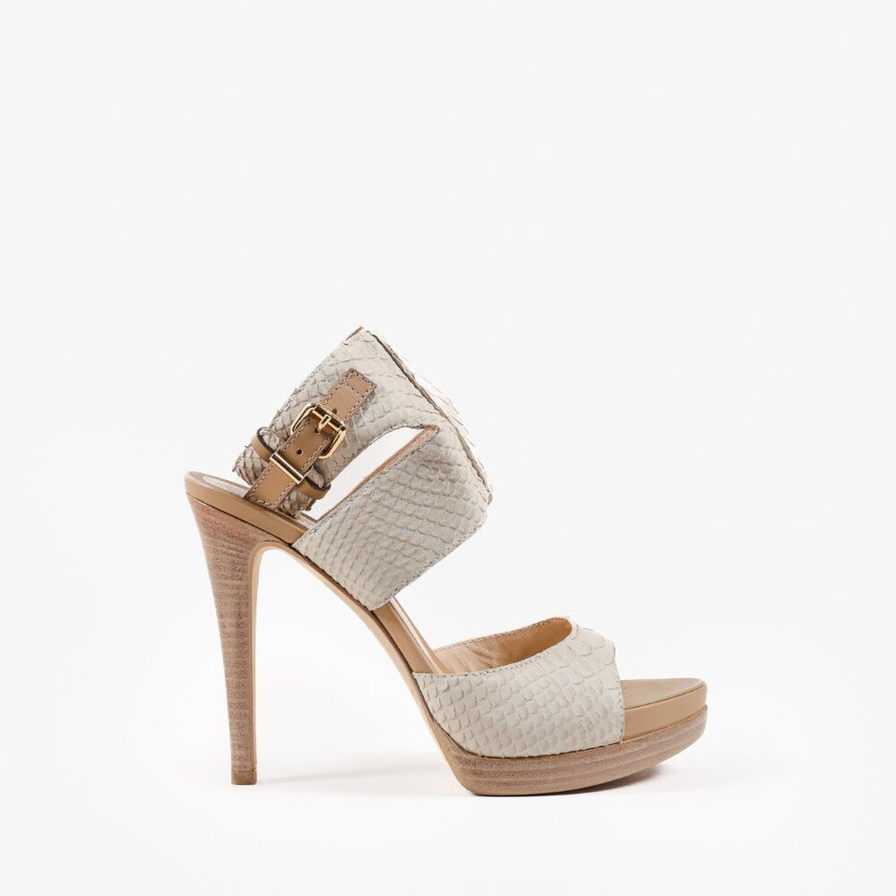 Fendi Nude Snakeskin Platform Sandals with Ankle Buckle